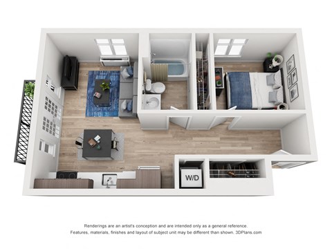 Floor plan for 1 bed, 1 bath, 702 sqft